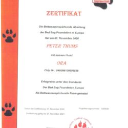 Zertifikat Ora - Zertifizierter Wanzenspürhund für Bettwanzenbekämpfung in Wien Niederösterreich und Burgenland